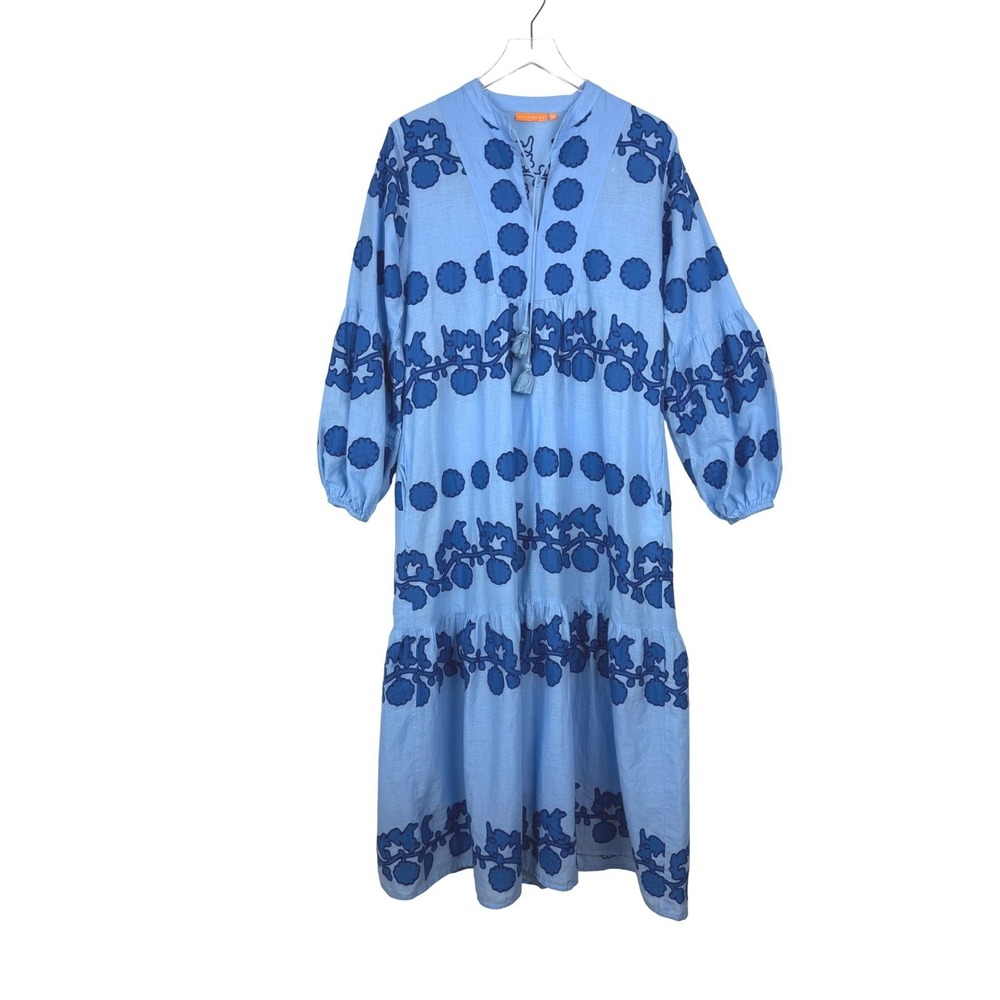 Oliphant Blue Embroidered Floral Applique Puff Sleeve Maxi Dress Medium - Picture 7 of 16